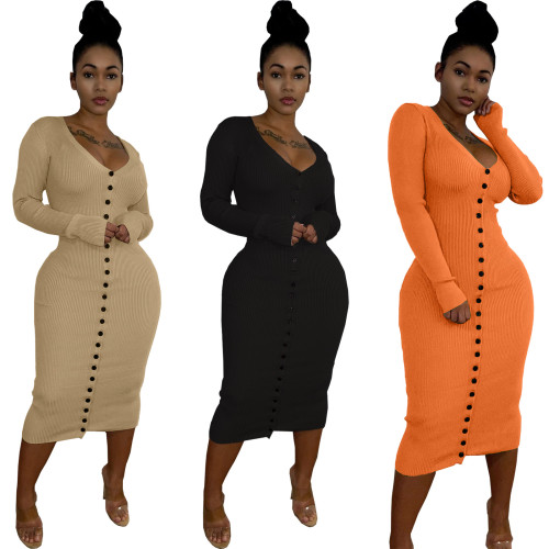 (ebay price：$32.57)XS-XL Women Long Sleeve Single-breasted Solid Color Casual Slim Dress