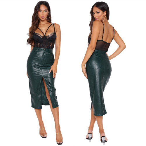 (ebay price：$27.06)Women Fashion Solid Color PU Leather Slit Pockets Pencil Skirt