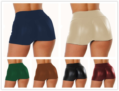 (ebay price：$14.75)S-5XL Women's Ladies High Waist Solid Color PU Leather Elastic Short Pants