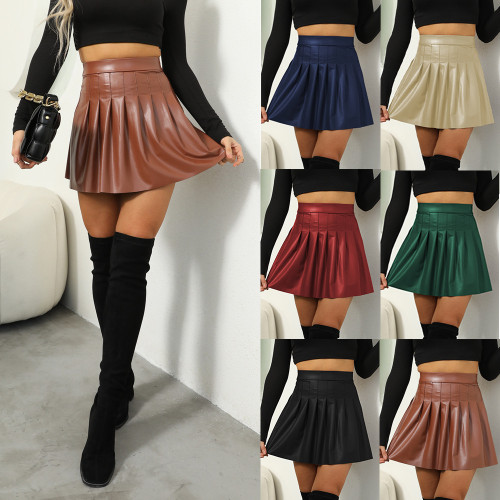 (ebay price：$16.94)Women's Ladies High Waist Solid Color PU Leather Pleated Skirt Mini Skirt