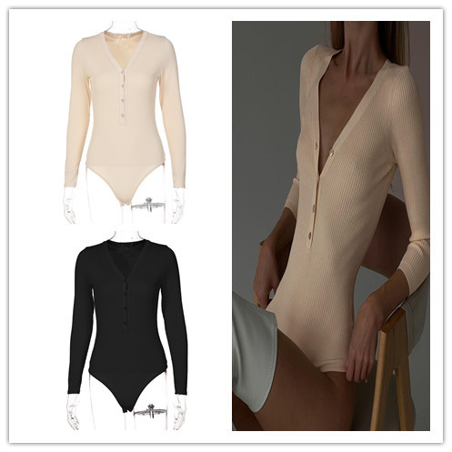 (ebay price：$19.51)Women Sexy V Neck Long Sleeve Solid Color Buttons Bodysuit
