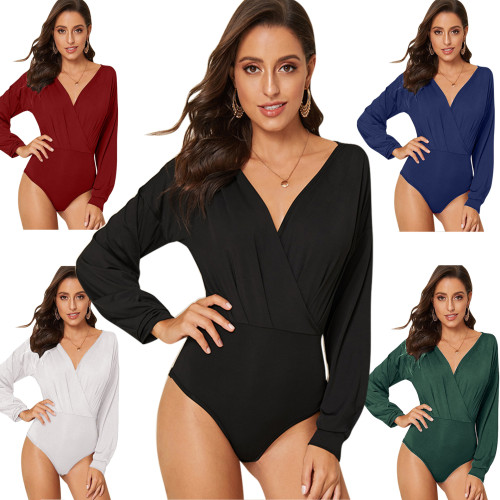 (ebay price：$19.08)Women Fashion Casual V Neck Long Sleeve Solid Color Bodysuit