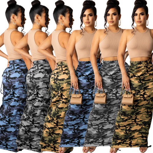 (ebay price：$27.44)Women Fashion Camouflage Print Pockets Drawstring Pencil Skirt