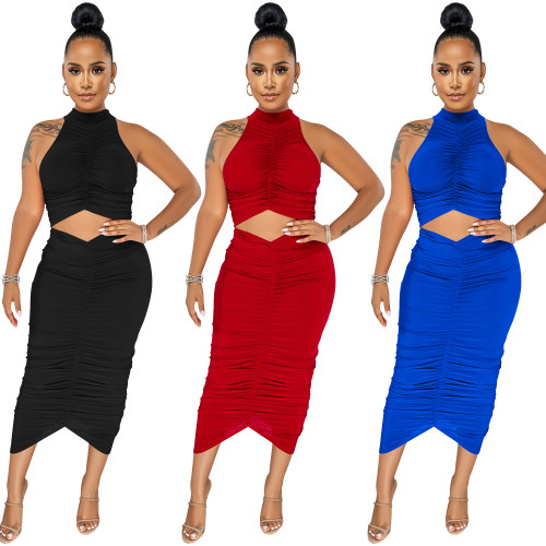 Women 2pcs Outfits Set Sleeveless Solid Color Ruched Bodycon Skirt Set Casual