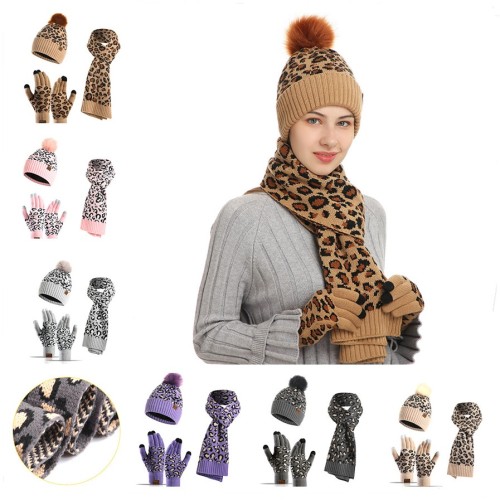 3pcs Women Ladies Leopard Thick Knit Hat Scarf and Touchscreen Gloves Set Winter