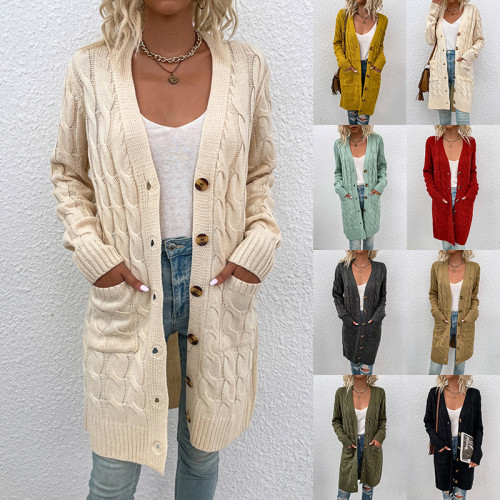 Women Ladies Cardigan Cable Knitted Long Chunky Jumper Buttons Pockets Cape Top