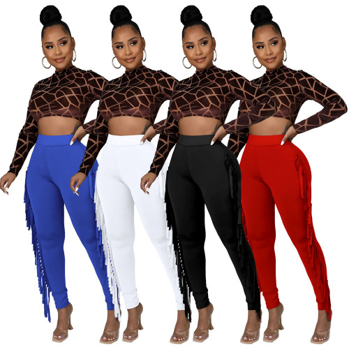 Womens Ladies High Waist Solid Color Tasseled Pencil Pants Casual Long Trousers