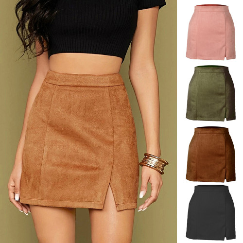 Womens Ladies Solid Suede Slit Back Zip A-line Skirt Casual Sexy Mini Skirt