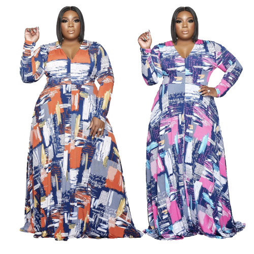 Women Ladies Plus Size Dress V Neck Long Sleeve Printed Long Dress Casual Party