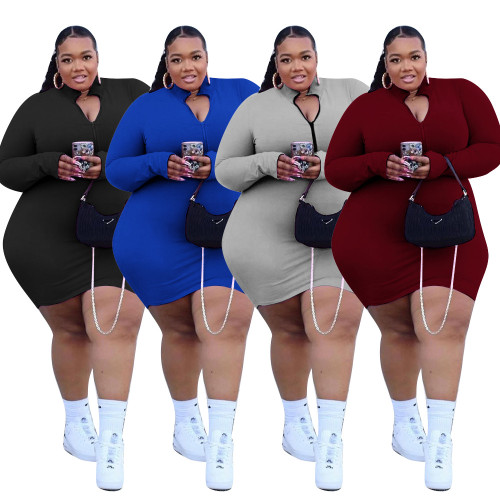 Plus Size Dress for Women Long Sleeve Front Zip Solid Color Bodycon Dress Casual
