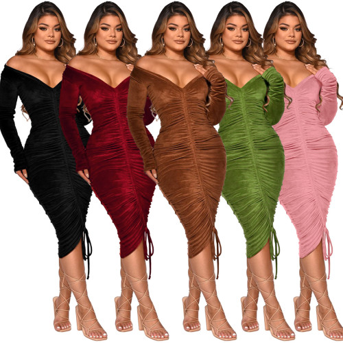 Women Sexy Boat Neck Long Sleeve Drawstring Solid Velvet Bodycon Dress Casual Party