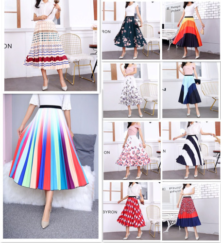Women's Pleated Skirts Elastic Waist Printed A-line Flared Midi Skirt Casual