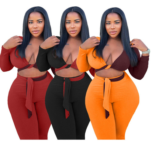 Women Plus Size Outfits Long Sleeve Color Block Tied Top Pants Set Two Piece