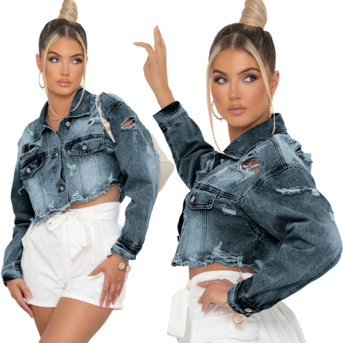 Womens Turn-down Neck Long Sleeve Buttons Ripped Cropped Denim Jacket Outwear