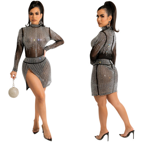 Women Sexy Rhinestone See Through Long Sleeve Bodysuit+Mini Slit Skirt 2pcs