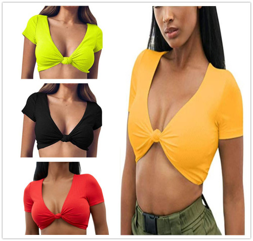 Womens V Neck Short Sleeve Solid Color Knotted Casual Simple Crop Tops