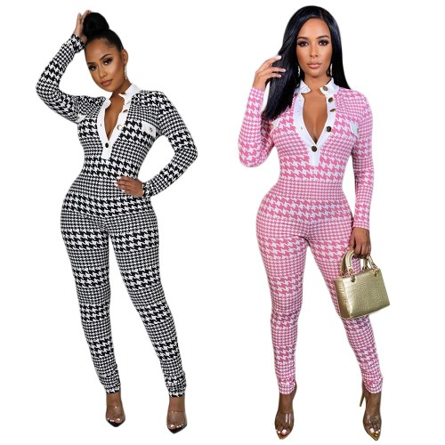 Women Long Sleeve Buttons Houndstooth Print Bodycon Jumpsuit Romper