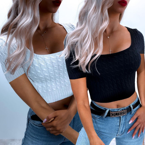 Women Sexy Round Neck Short Sleeve Pure Color Cable Knit Crop Top Casual Club