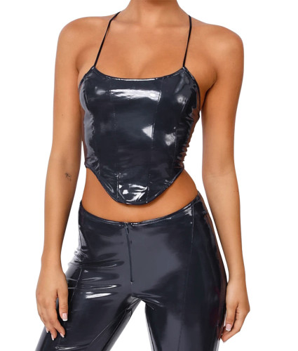 Women Sexy Strappy Tied Plain PU Leather Backless Vest Casual Club Crop Top
