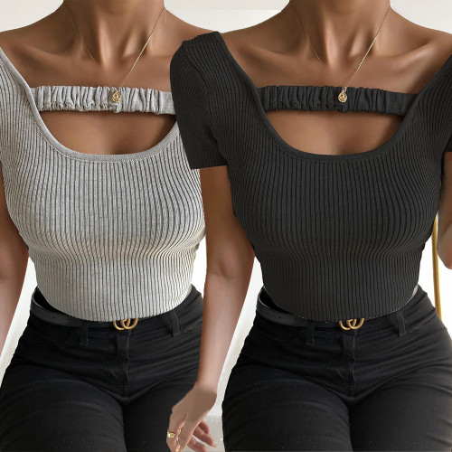 Women Sexy Round Neck Hollow Out Short Sleeve Plain T-shirt Casual Club Tops