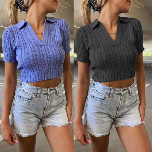 Women Sexy V Neck Short Sleeve Pure Color Cable Knit Crop Top Casual Club