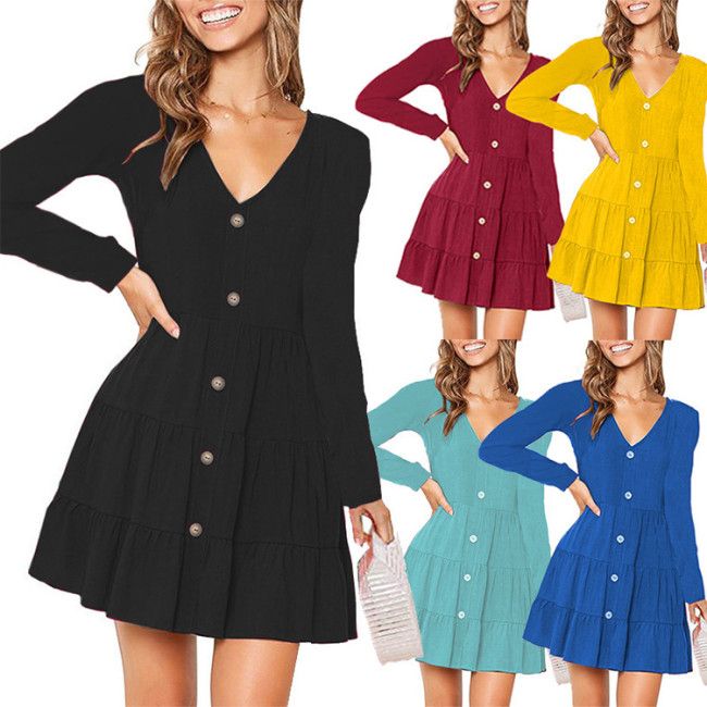 Women V Neck Long Sleeve Buttons Pleated Solid A-line Dress Casual Club