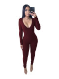 Women V Neck Long Sleeve Solid Color Bodycon Jumpsuit Casual Club Sports
