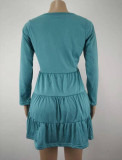 Women V Neck Long Sleeve Buttons Pleated Solid A-line Dress Casual Club