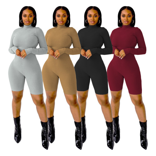Women Long Sleeve Solid Color Back Zip Bodycon Jumpsuit Casual Club Sports