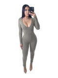 Women V Neck Long Sleeve Solid Color Bodycon Jumpsuit Casual Club Sports