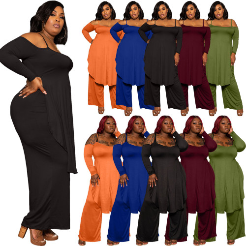 2pcs Plus Size Outfits Womens Strappy Long Sleeve Irregular Top Wide Leg Pants