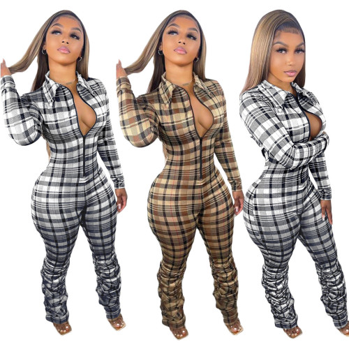 Womens Turn-down Neck Long Sleeve Zipper Ruched Checks Print Bodycon Jumpsuit