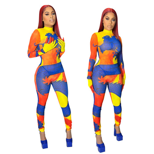 Womens Long Sleeve Printed See Through Back Zip Bodycon Jumpsuit with Gloves
