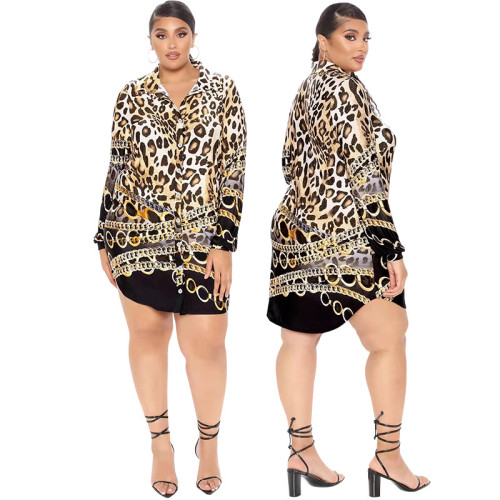 Womens Turn-down Neck Long Sleeve Buttons Leopard Print Plus Size Shirt Tops