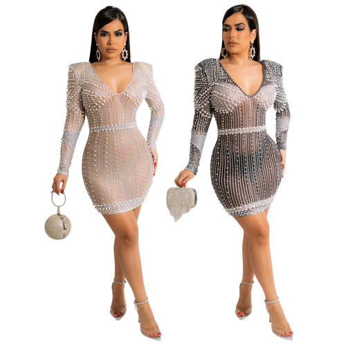 Womens V Neck Long Sleeve Rhinestone Beaded See Through Bodycon Dress Fashion Party Cocktail without Briefs