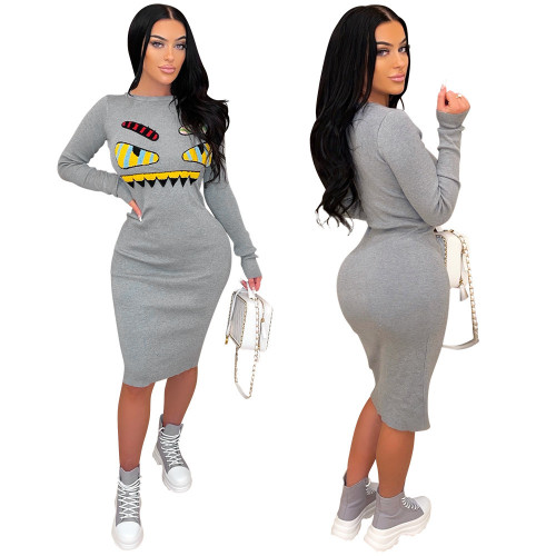 Womens Round Neck Long Sleeve Embroidered Bodycon Dress Fashion Casual T-shirt Dress