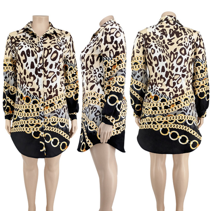 Womens Turn-down Neck Long Sleeve Buttons Leopard Print Plus Size Shirt Tops