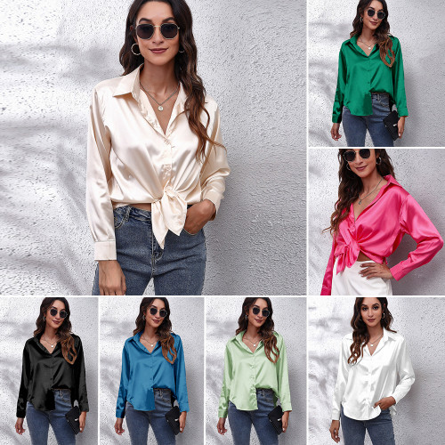 Women Long Sleeve Satin Lapel Shirt Office Ladies Button Soild Casual Blouse Top
