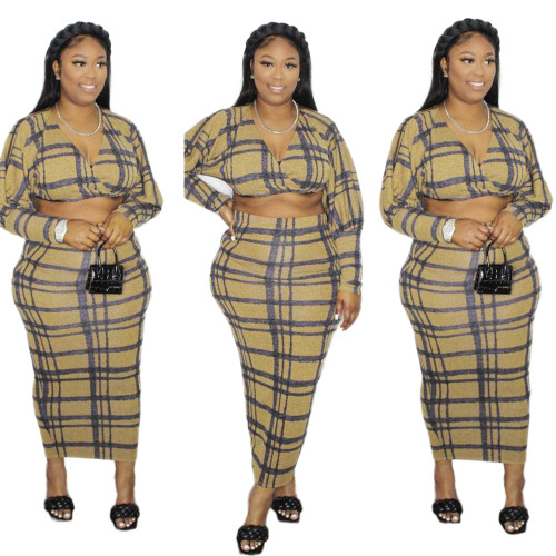 Ladies Womens V Neck Long Sleeve Crop Top Checks Print Pencil Skirt Set 2pcs