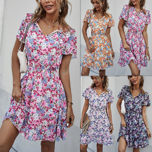 Womens Ladies Tied-front Floral Print Short Sleeve A-line Dress Casual Travel