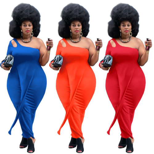 Women Bodycon Dress Single Sleeve Cut Out Solid Color Plus Size Dress Fashion
