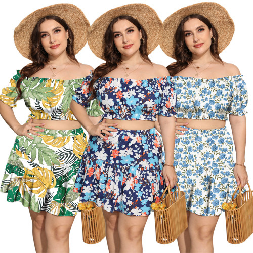 Women 2pcs Dress Boat Neck Short Sleeve Floral Printed Short Plus Size Skirt Set