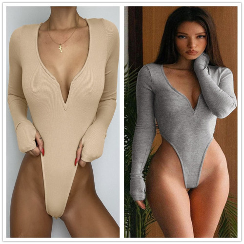 Ladies Womens V Neck Long Sleeve Solid Color Bodysuit Leotard Casual Club