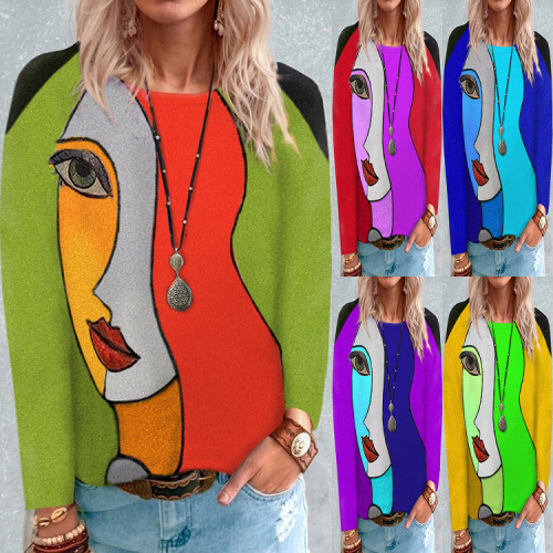 S-5XL Womens Round Neck Long Sleeve Colorful Face Print T-shirt Casual Cotton Tops