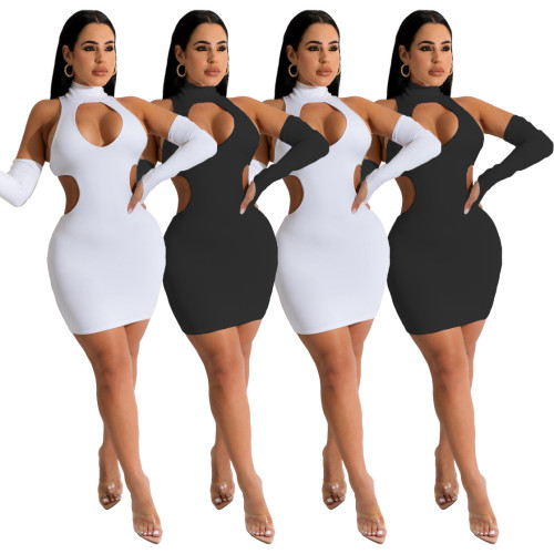 Womens Bodycon Dress Ladies Sexy Cut Out Solid Color Short Dress with Oversleeve