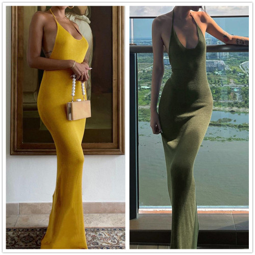 Womens Ladies Sexy Solid Color Halter Neck Backless Sleeveless Bodycon Dress