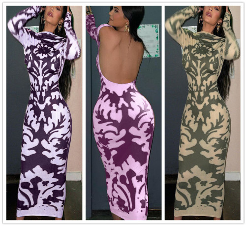 Women Fashion Round Neck Long Sleeve Printed Backless Sexy Bodycon Pencil Dress
