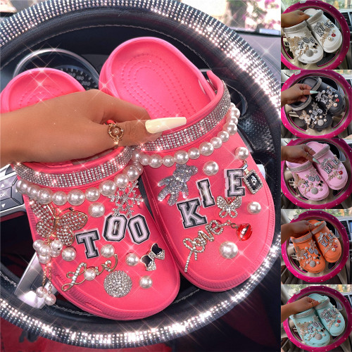 （Letters can be customized！）Thick platform sandals bling beads rhinestones hole shoes slippers