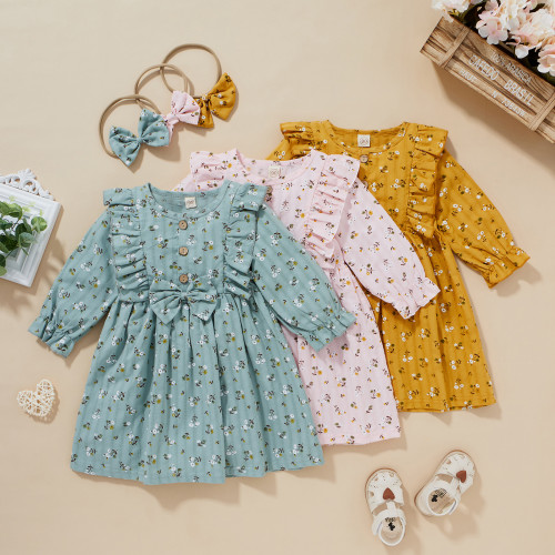 Kid Girls Floral Print Bowknot Long Sleeve Dress Spring&Autumn Casual Party Wear