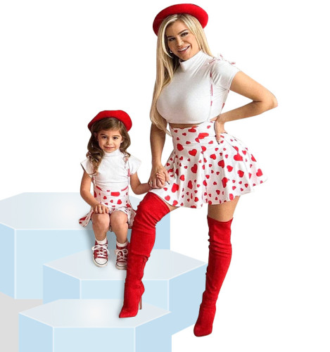 Family Matching Outfits Heart Print Mother Daughter T-shirt+Suspender Skirt 2pcs